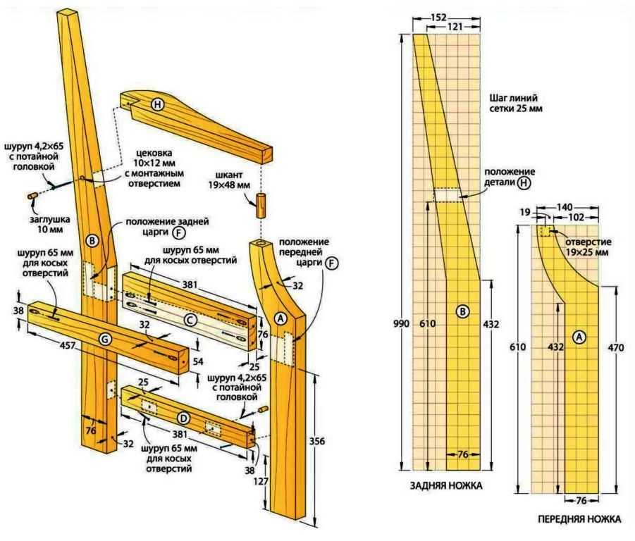 Схема сборки скамейки из дерева со спинкой