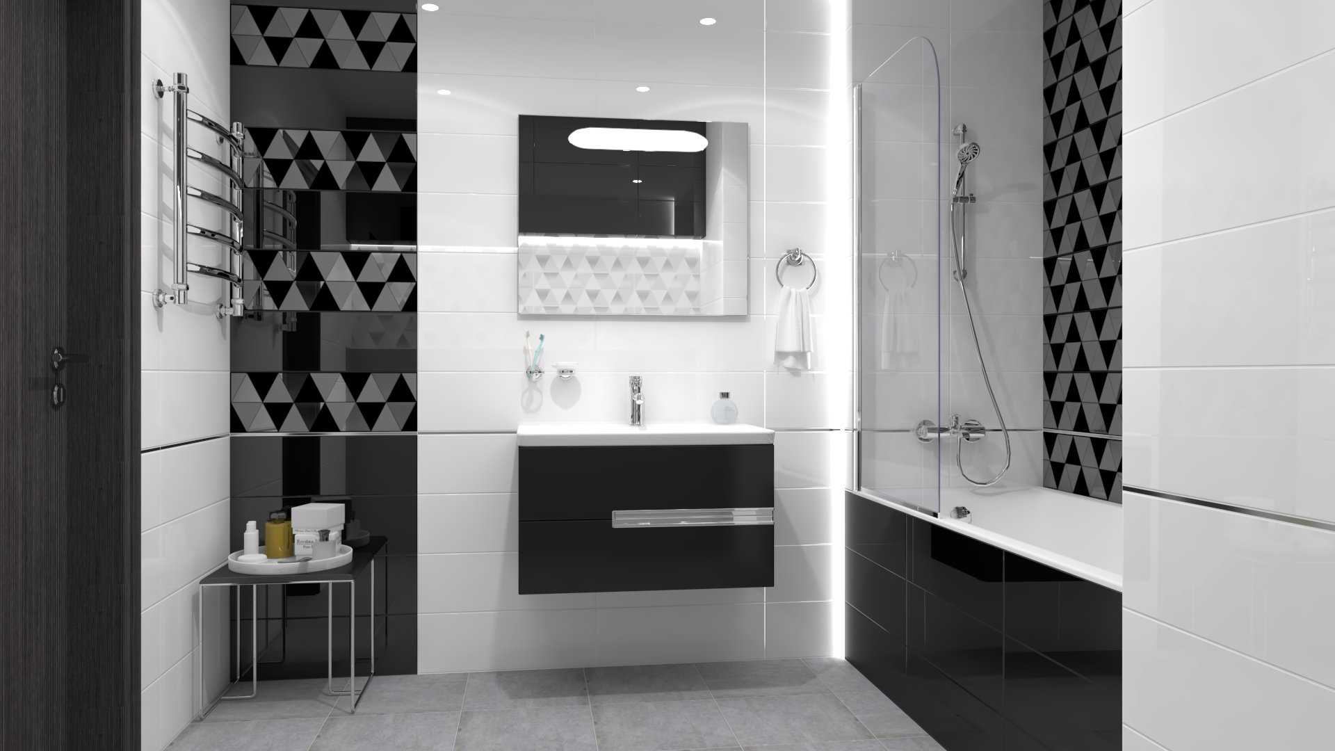 Черно белая ванная комната: дизайн, плитка в черных и белых тонах
 - 15 фото