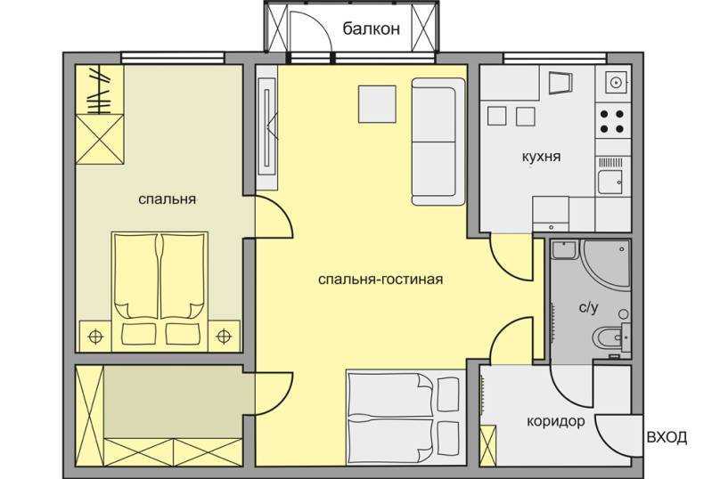 Перепланировка двухкомнатной квартиры в хрущевке или панельном доме