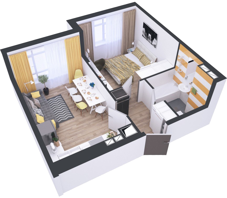 Дизайн 2-комнатной квартиры 55 кв. м. 33 фото