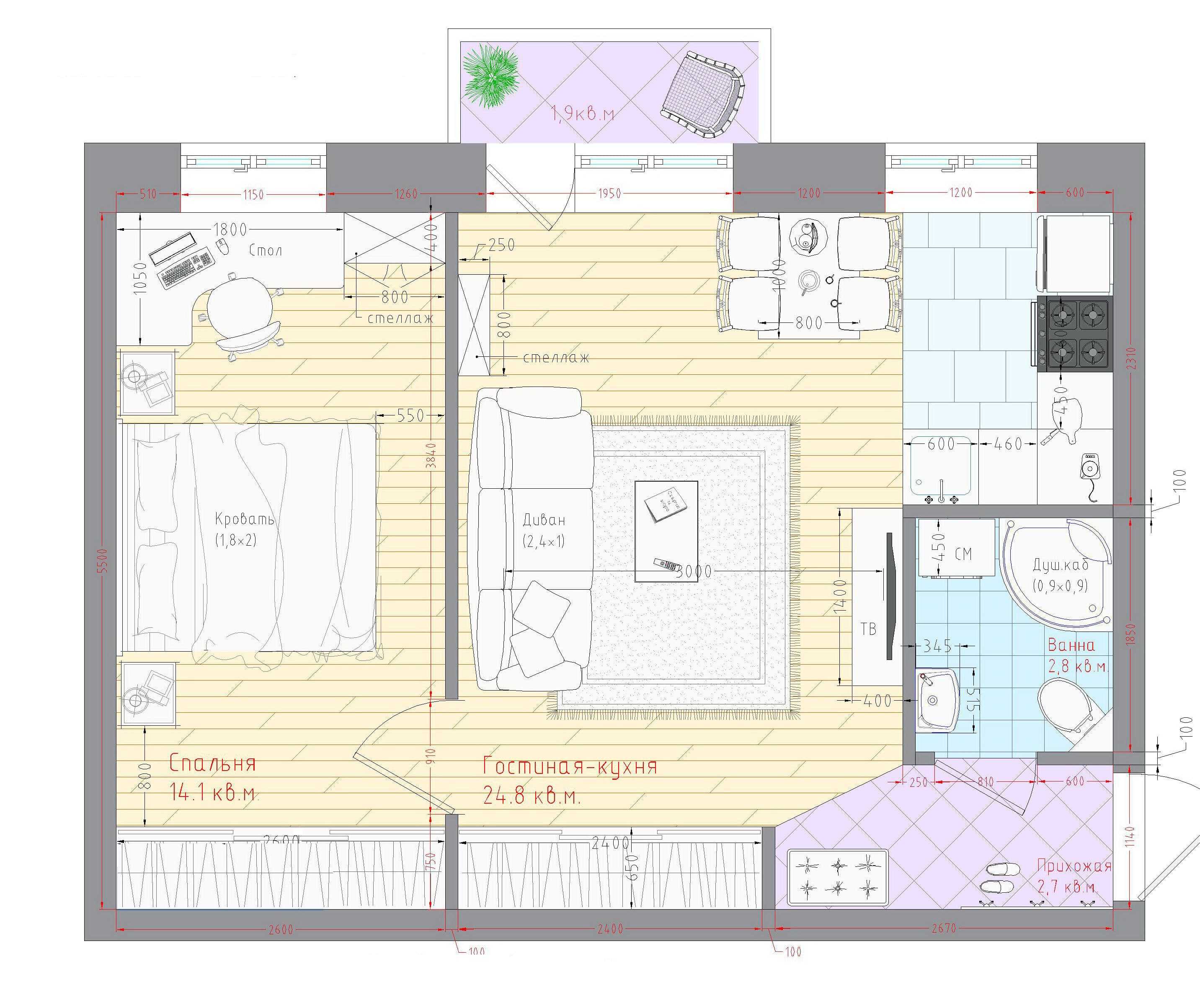 Дизайн 2-комнатной квартиры 55 кв. м. 33 фото