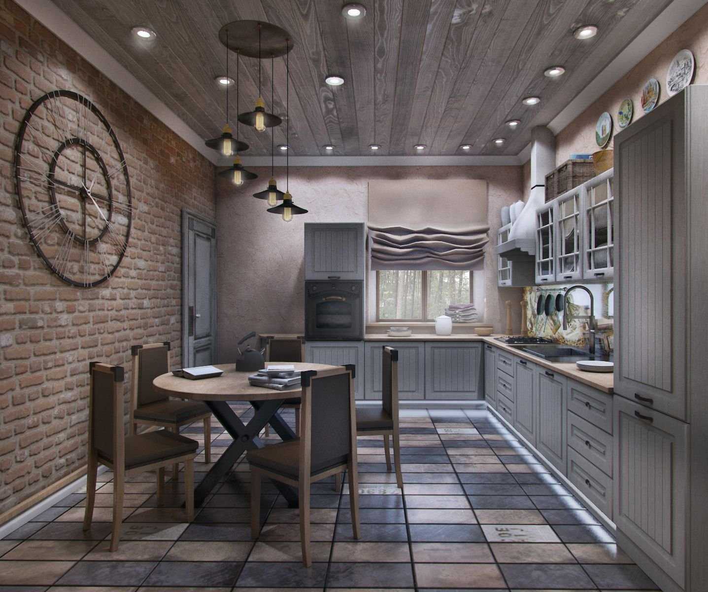 Кухня в стиле лофт: фото современного интерьера в квартире, дизайн с кирпичом, стол и стулья в столовую, зонирование диваном, шторы и люстры, барная стойка