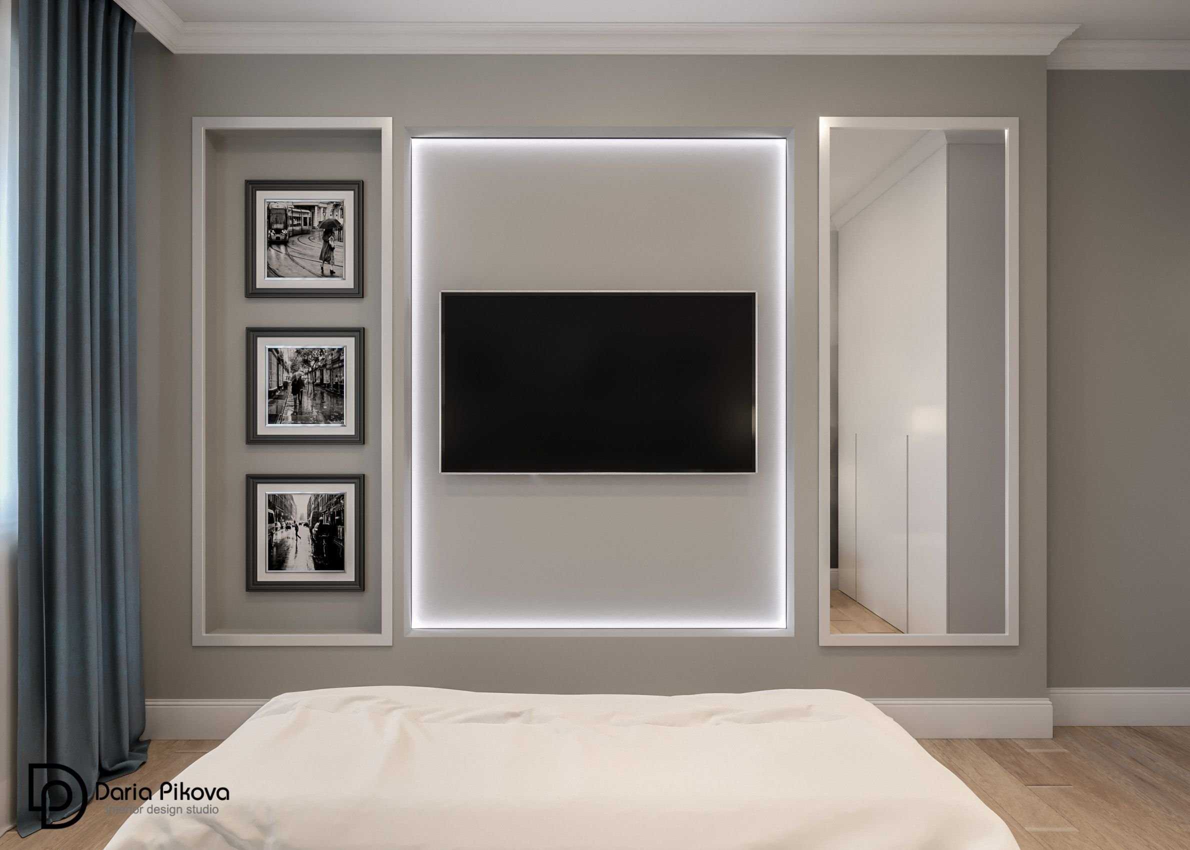оформить стену с телевизором в спальне