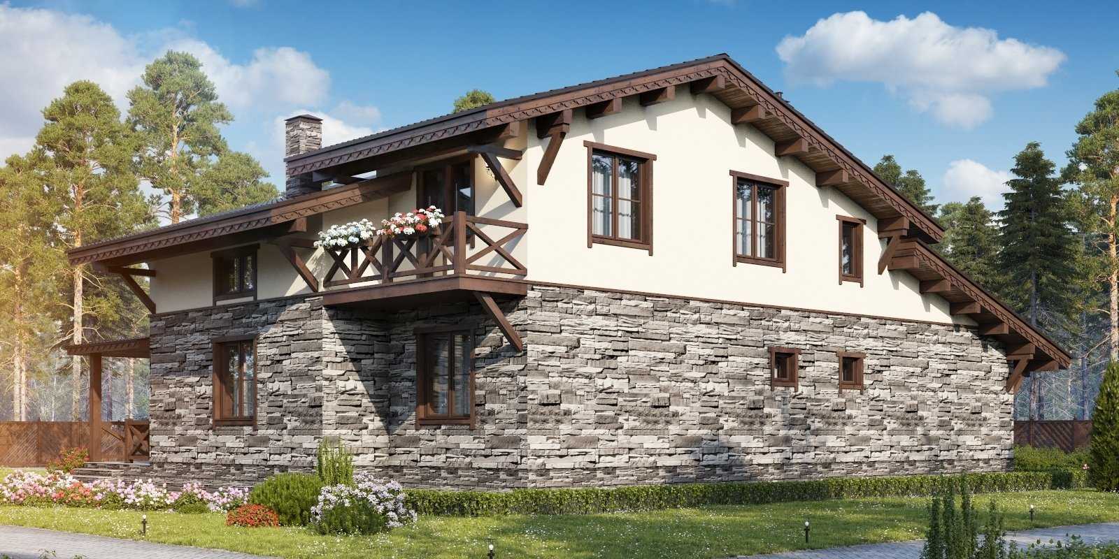 Комбинированные дома из камня и дерева в стиле шале, проекты и строительство под ключ во владимире домов из кирпича и бруса